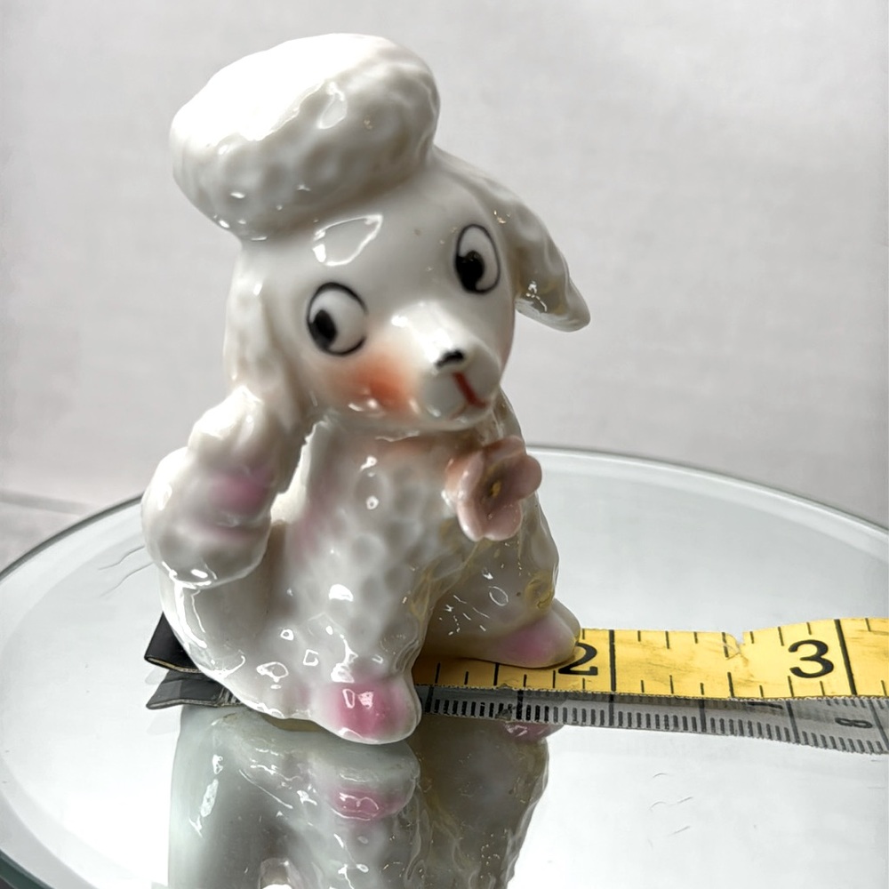 Poodle Dog Figurine puppy scratching ear pink accent color & flower Vtg Japan 3”